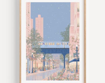 Romantic Chicago L Train Wall Art | Pastel City Night Street Scene Print