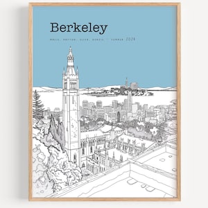 Personalized Berkeley Art Print, Customizable Cityscape Illustration with Background Color, Perfect Graduation Gift or Travel Keepsake Decor