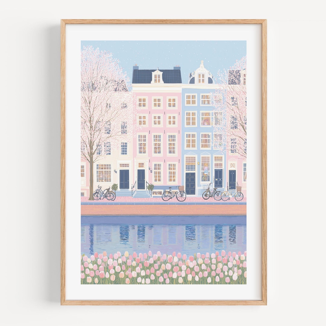 Amsterdam Canal Print Spring Tulip Street Wall Art Framed Pastel House ...