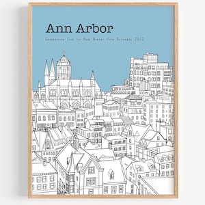 Könnte beinhalten: Eine Schwarzweiß-Zeichnung der Skyline von Ann Arbor mit dem Text "Ann Arbor" und "GRADUATION TRIP TO ANN ARBOR: 15TH DECEMBER 2023" oben.