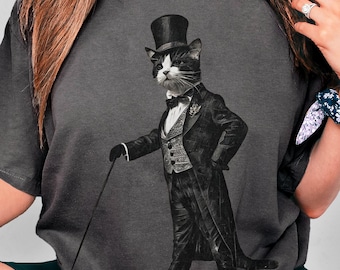 Regency Cat Tuxedo Graphic T-Shirt, Victorian Dandy Cat for Vintage Aristocrat Lovers