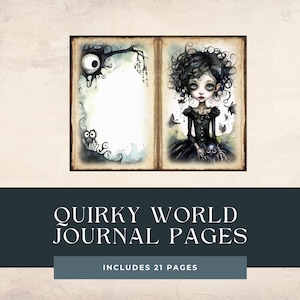 Puede incluir: Una página doble de diario con ilustraciones en acuarela. Una página presenta un búho y un ojo, la otra una niña con un vestido negro con mariposas. El texto dice "Quirky World Journal Pages" y "Includes 21 Pages".