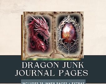 May include: Two pages from a journal featuring a red dragon and a silver dragon egg. The text on the bottom of the image reads "Dragon Junk Journal Pages Includes 35 inner pages + extras".