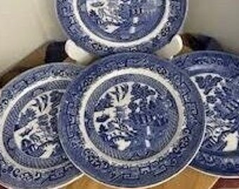 A Lot of 4 Blue And White  Dinner Plates, Willow Pattern Vintage, England