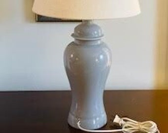 A Vintage Gray Blue Ginger Jar Ceramic Table Lamp With Shade.