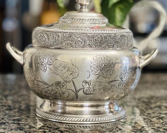 Antique Mead & Robbins Victorian Silver Plated Etched Floral Repousse Soup Tureen Serving Dish