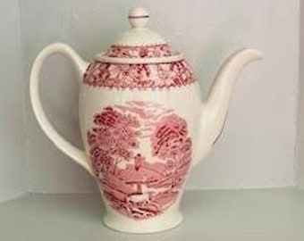 Café théière vintage, pierre de fer anglaise rose, décor champêtre, gravure à la main, Yorke, Staffordshire, Angleterre