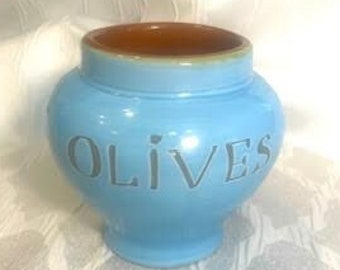 Ceramiche Alfa Olives Jar, Turquoise Blue Glaze Olives  6.5" H x 5.5" W, Made In Italy