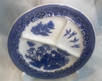 A Vintage Divided Blue  WILLOW 1890s Petrus Regout Maastricht, Blue and White Dinner Plate 10" inch Holland, Antique Serving Dish