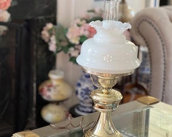 Vintage Brass Hurricane Table Lamp with Milk Glass Shade