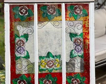 Vintage Floral Hand painted Glass Panel with Wood Frame,