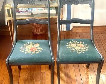 Set of 2 Rose Back, Needlepoint Upholstery Chairs: Vintage Dining Room Chairs