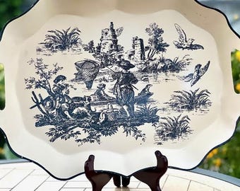 Vintage Toile Metal Serving Tray – Black & White Landscape, Scalloped Edges