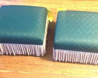 Set of 2 Green Silk Upholstered with Fringe Ottomans: Vintage Furnishing