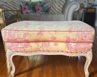 Vintage Louis XV Style   French Toile De Jouy Upholstered with Wood Painted Feet Ottoman
