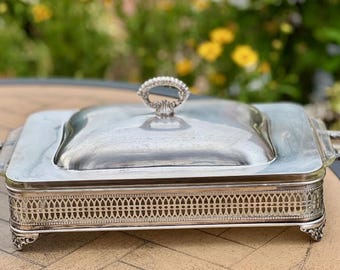 Vintage Anchor Hocking 2 Qt Casserole Dish on Silver Plate Chafing Stand with Lid