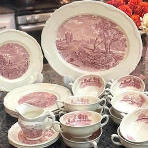 Grindley Pink Transferware Dinnerware Set: Scenes After Constable, England (13 Pieces)