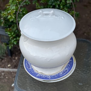 Antique Homer Laughlin Ironstone Chamber Pot with Lid: Embossed Scrollwork, 1910s