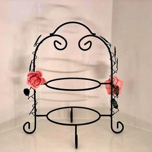 2 Tier Plate Rack,  Green Metal with Pink Flowers and Leaves, Vintage Pie Rack, Dessert Stand, Space  Saver Rack Plate Organizer Display