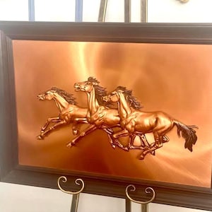 Vintage Copper Three Horses, Wood Framed Wall Art &#39;34x24&#39; inches 3D Copper Art Wall Accent Home and Living