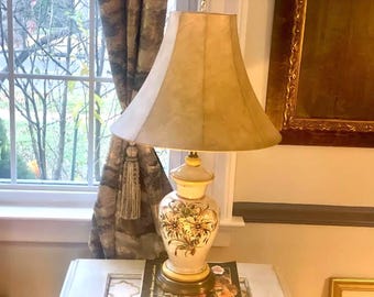 Vintage Italian Ceramic Table Lamp With Shade: Floral Design
