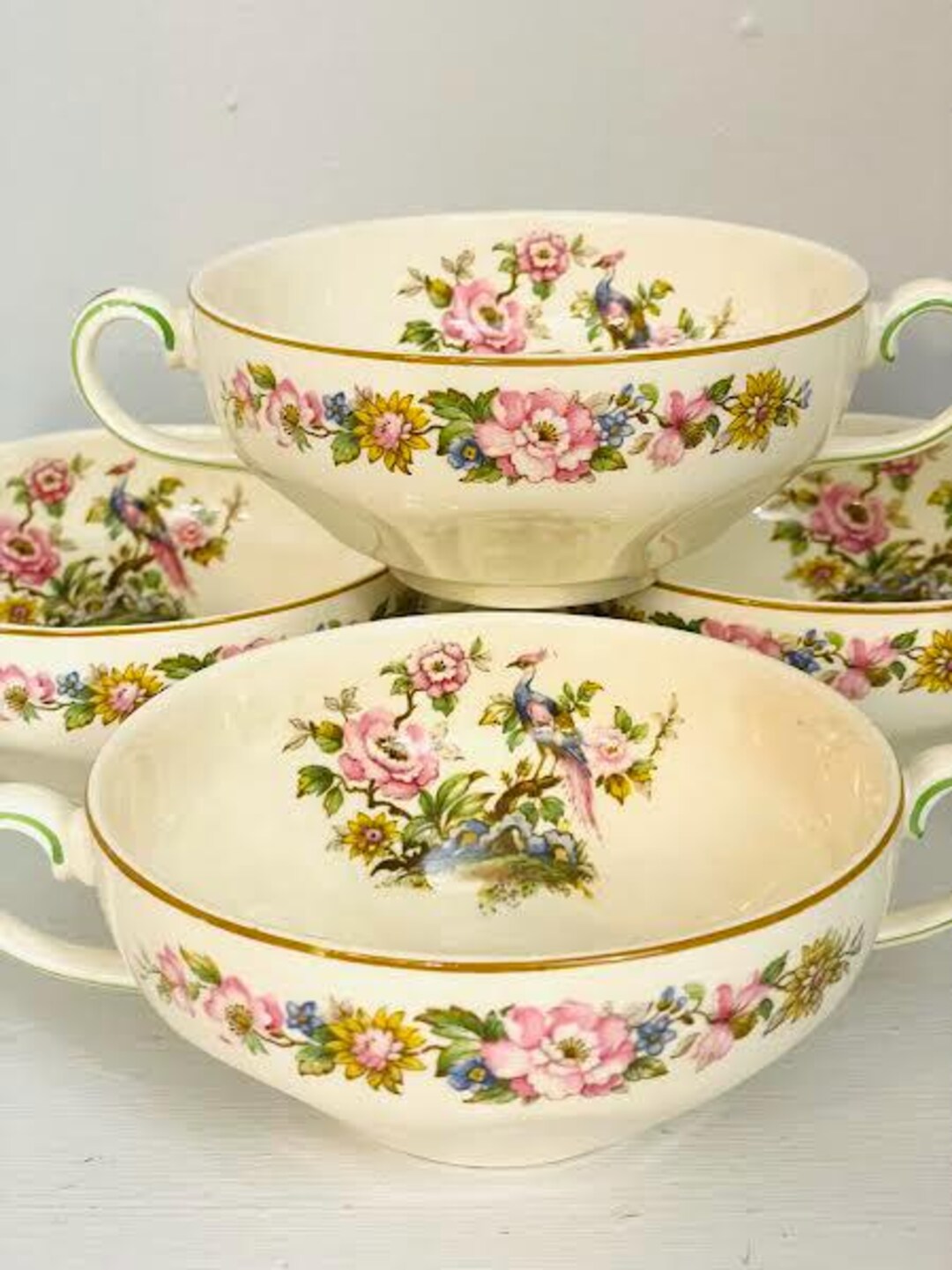 Lovely Set of 4 Vintage Double Handle Floral Cream Soup Bowls & 2 Tea ...