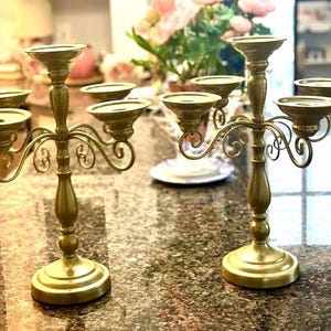 Set of 2 Vintage Large Brass Candles 4 Arms Candleholder. Gold Metal Scrolled Design Candelabra Home Accent