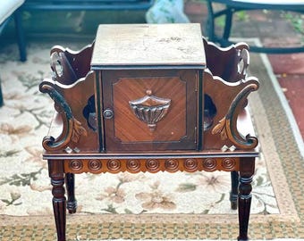 Antique Carved Walnut Copper Lined Antique Chairside Tobacco Humidor & Magazine Racks