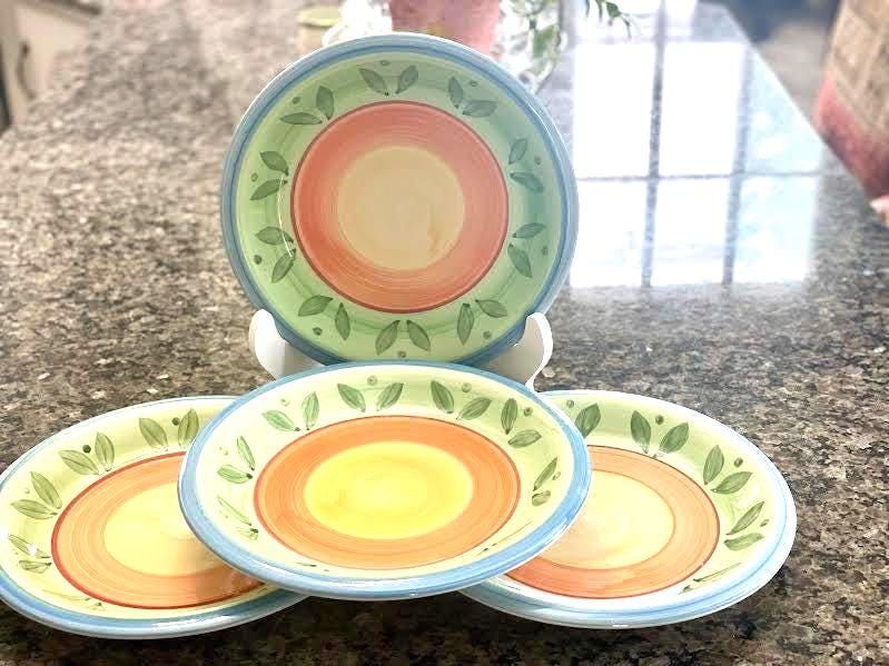 イタリア　CALECA製　220㎜皿4枚セット Caleca Carousel Salad Plates Set 4 Yellow Hand Painted Italy