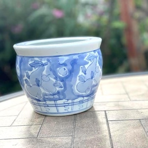 Vintage Chinoiserie Planter: Hand-Painted Blue & White Porcelain Cachepot