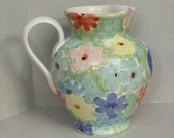 Wunderschöner großer Art-Déco-Keramik-Krug/Vase zum Sammeln, bemalte Blumen, Italien