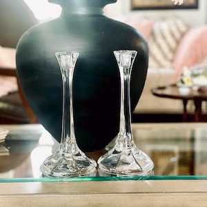 Vintage Lead Crystal Candlestick Holders: Etched Glass Pair, 10&quot; Tall
