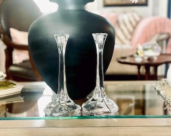 Vintage Lead Crystal Candlestick Holders: Etched Glass Pair, 10" Tall