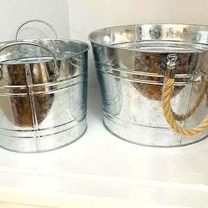 2 Large Galvanized Silver Buckets with  Burlap and Metal  Handles Vintage Retro Planter Pail, Metal Rustic Home & Garden Decor Farm Buckets