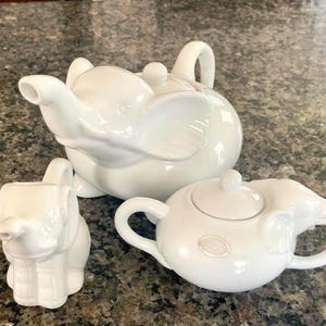 Vintage White Elephant Porcelain Tea Set: Teapot, Sugar Bowl & Creamer by Abbot Home