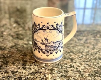 Vintage Hand-Painted Delft Blue Heineken Stein Mug: Holland Porcelain Barware