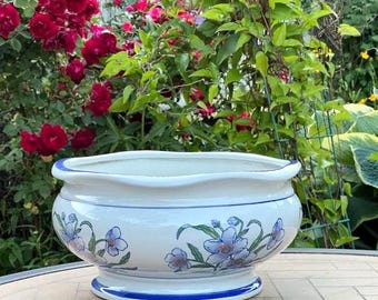 Vintage Chinoiserie Planter: Floral Blue Round Bowl, Farmhouse Boho Decor