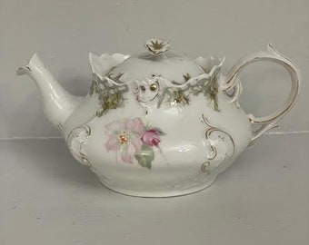 Single Serving China Porcelain Teapot Signed BRC Bauer Rosenthal Co Moliere Germany Hand Painted Rose Flower Open Work Repousse  1897 - 1903