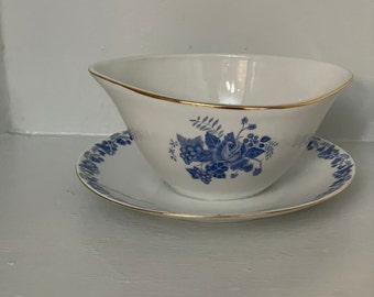 Vintage Gravy Boat with Under Plate Blue and White Floral with Gold Trim Poland
