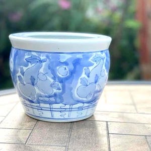 Vintage Chinoiserie Planter: Hand-Painted Blue & White Porcelain Cachepot