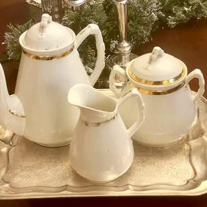 Vintage Limoges Tea Set Teapot, Sugar Bowl and Cream Jug: White & Gold Tea ware