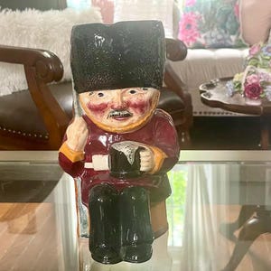 Large Vintage Hand Painted Toby Jug/ Pitcher Guardsman, Shorter British Soldier with Mug, Collectible Pottery Staffordshire England