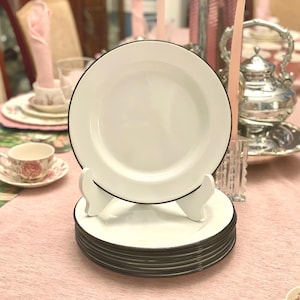 Puede incluir: Una pila de diez platos de cena de esmalte blanco con borde negro. Los platos están apilados en un soporte blanco y están sobre un mantel rosa.