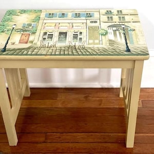 Hand-Painted French Street Scene Side Table: Vintage Parisian Decor
