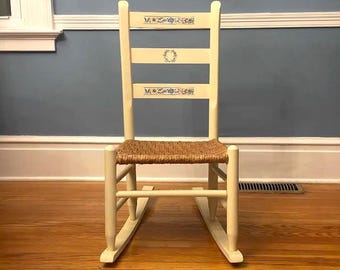 Vintage Wooden Child's Rocking Chair Handcrafted with Wicker Seat