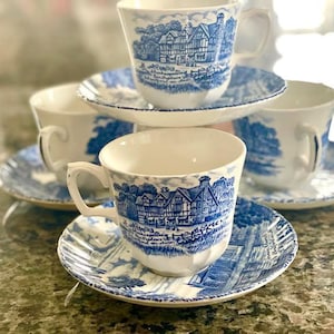 Set of 4 English Tea Cups and Saucers &quot;Shakespeare Country&quot;, Royal Essex Ironstone Transferware Vintage Collectible Blue and White Tea ware
