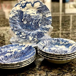 Myott England Royal Mail Blue Fine Staffordshire Ware Dinnerware- 4 Bread & Butter Plates, and 4 Saucers Transferware Blue English Tableware