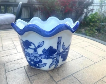 Vintage Blue and White Flower Pot, Chinoiserie Planter