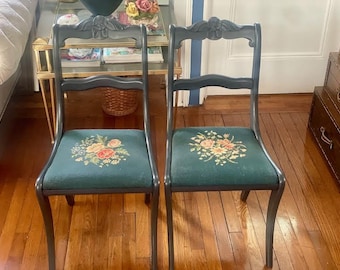 Set of 2 Rose Back, Needlepoint Upholstery Chairs: Vintage Dining Room Chairs