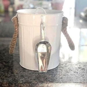 White Metal Ice Bucket, Lid, Scoop, & Carry  Rope Handles for Beer, Wine, Parties, Outdoor, Picnic, Bar, Insulated Double Walled Ice Bucket